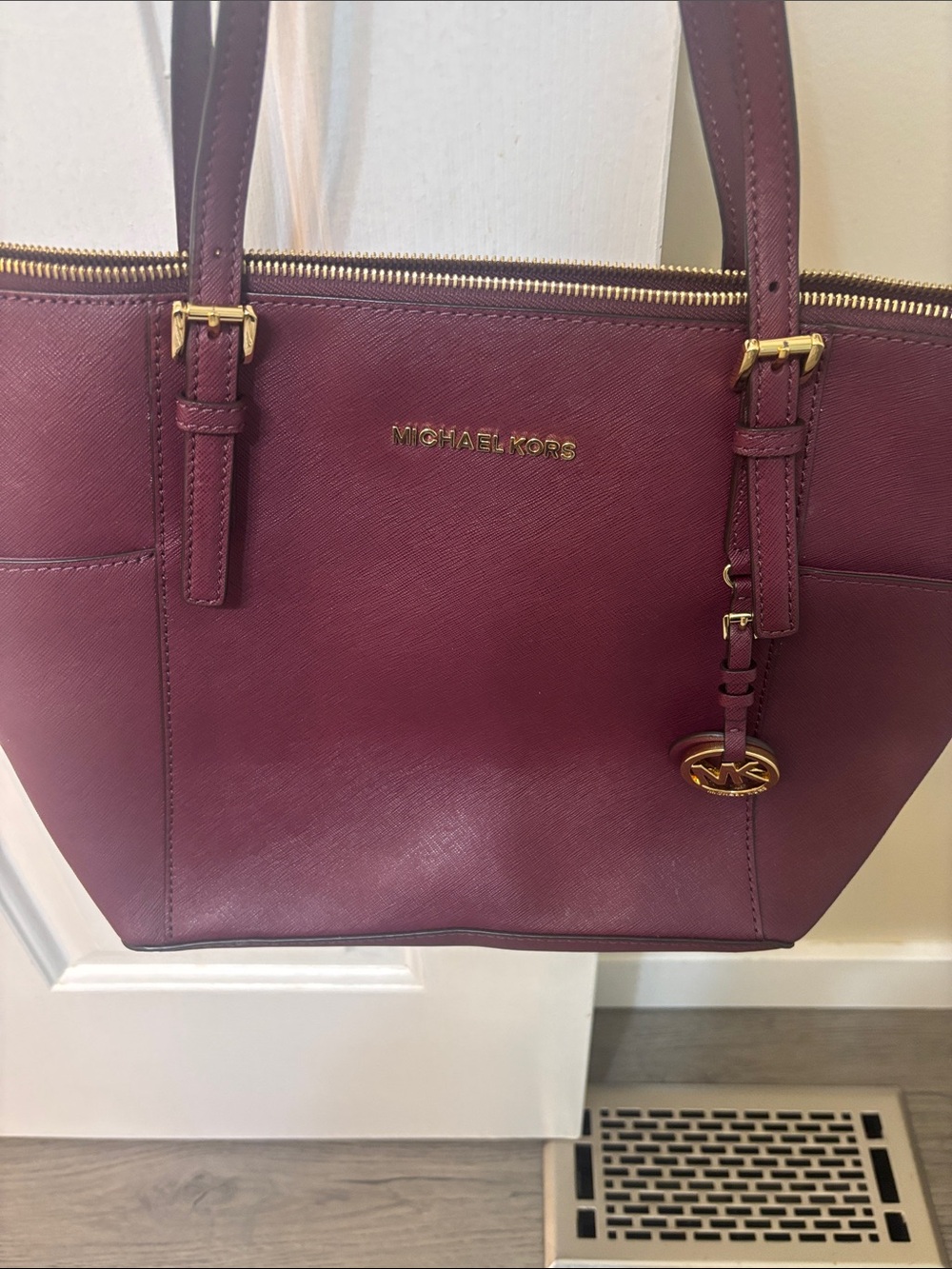 Michael Kors Maroon Saffiano Leather Tote with Gold Hardware